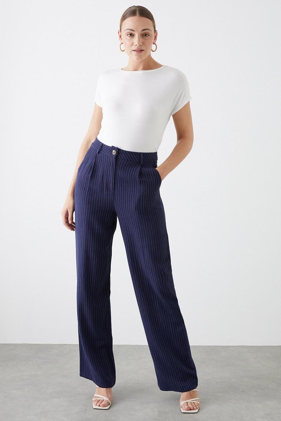 Tall Striped Linen Blended Wide Leg Trousers