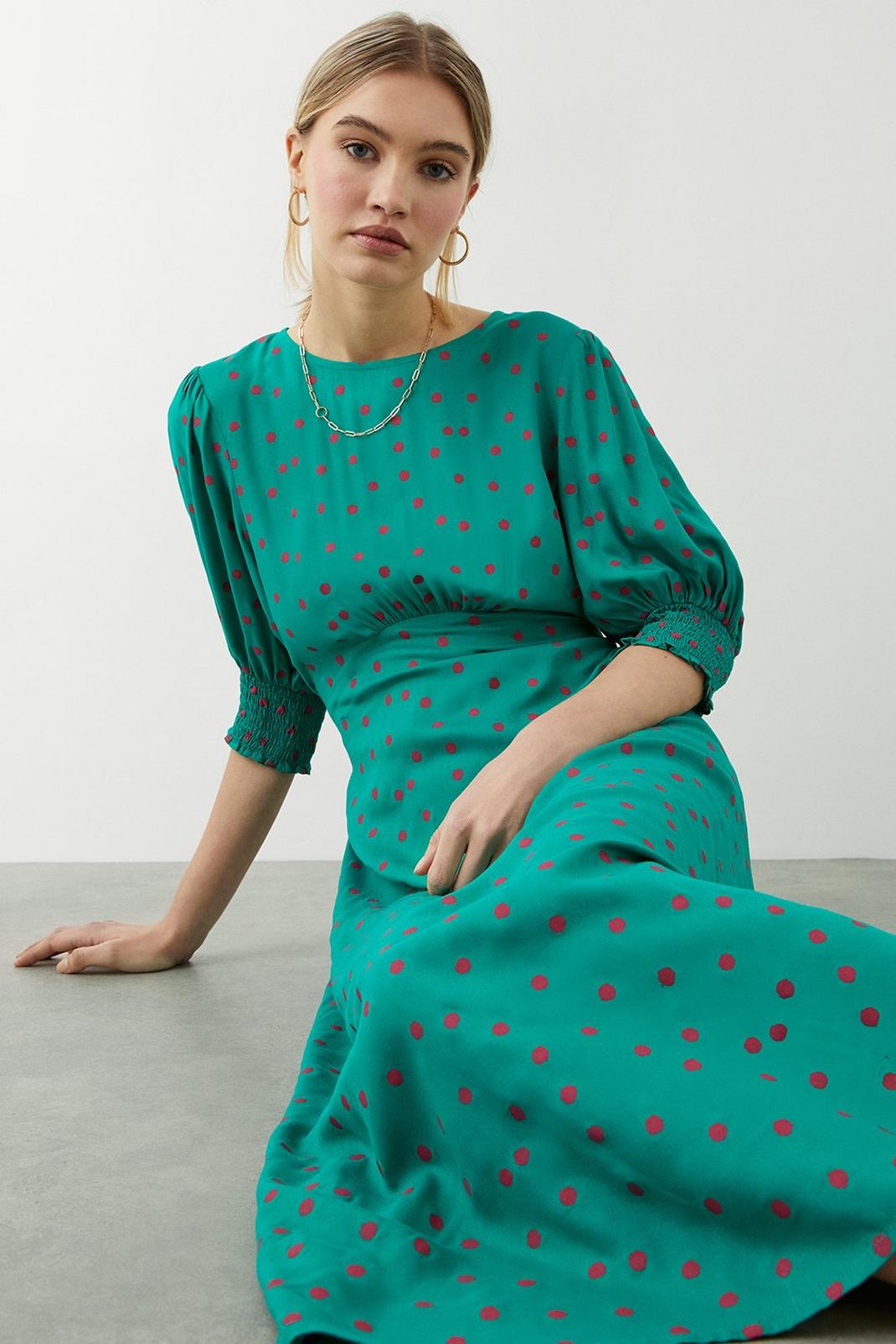 Green Spot Print Shirred Cuff Midi Dress image number 1