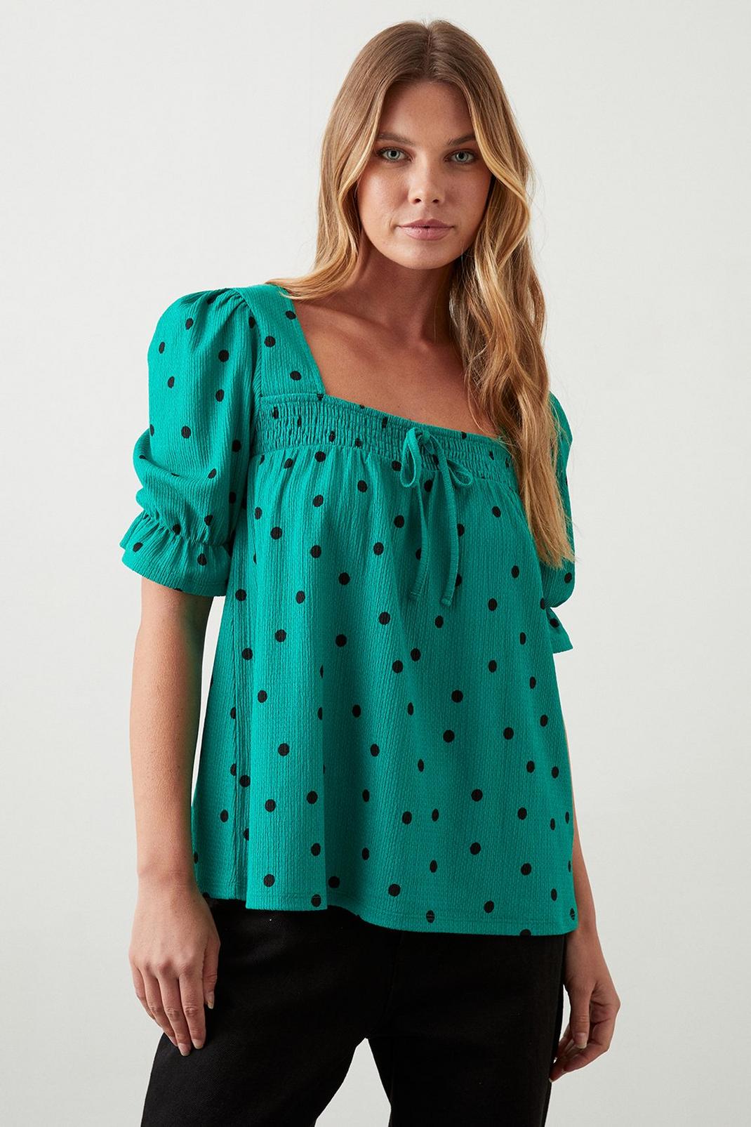 Green Square Neck Tie Detail Short Sleeve Top image number 1