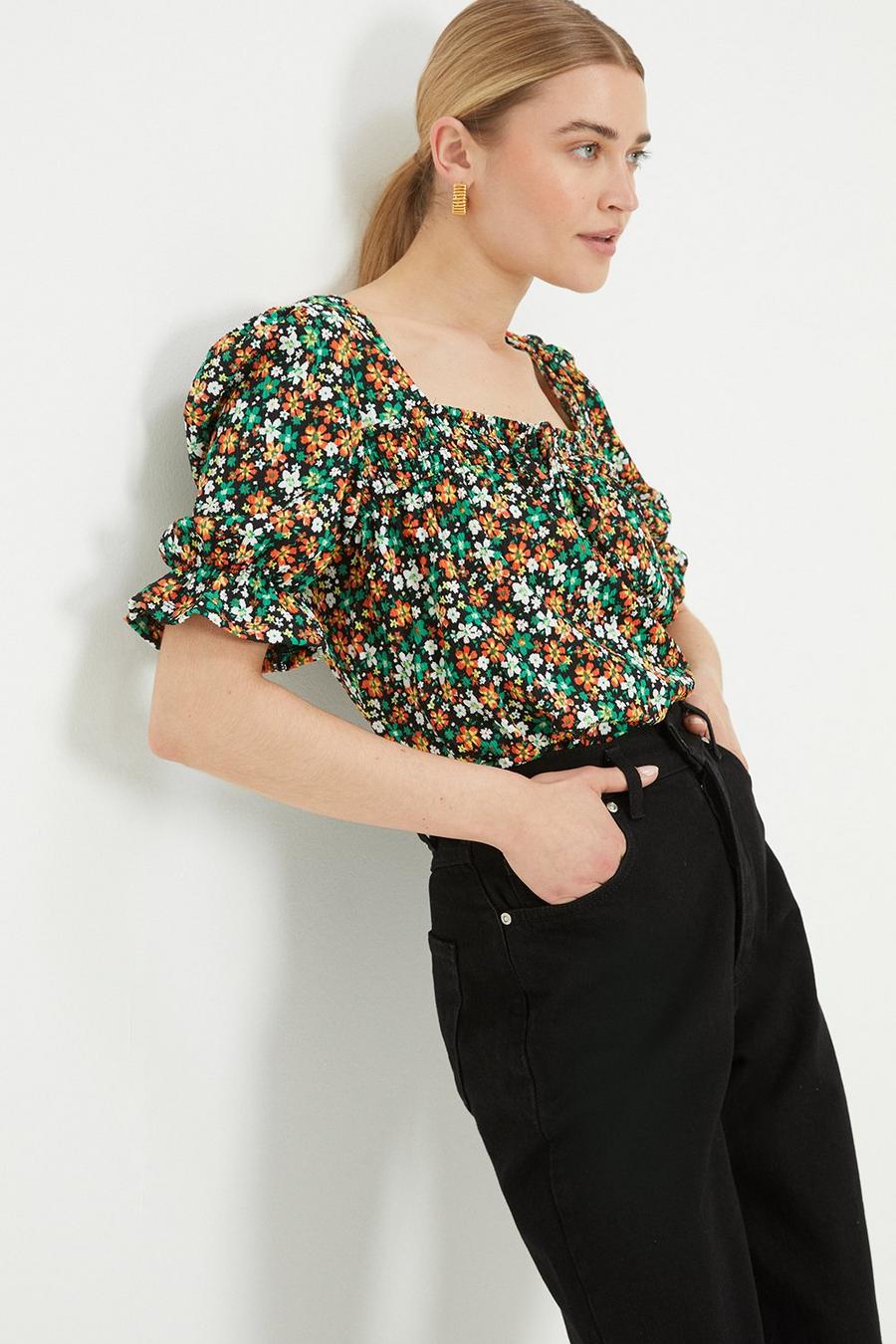 Square Neck Tie Detail Short Sleeve Top