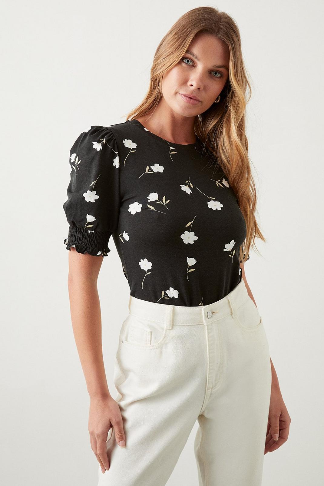 Black Floral Shirred Cuff Top image number 1