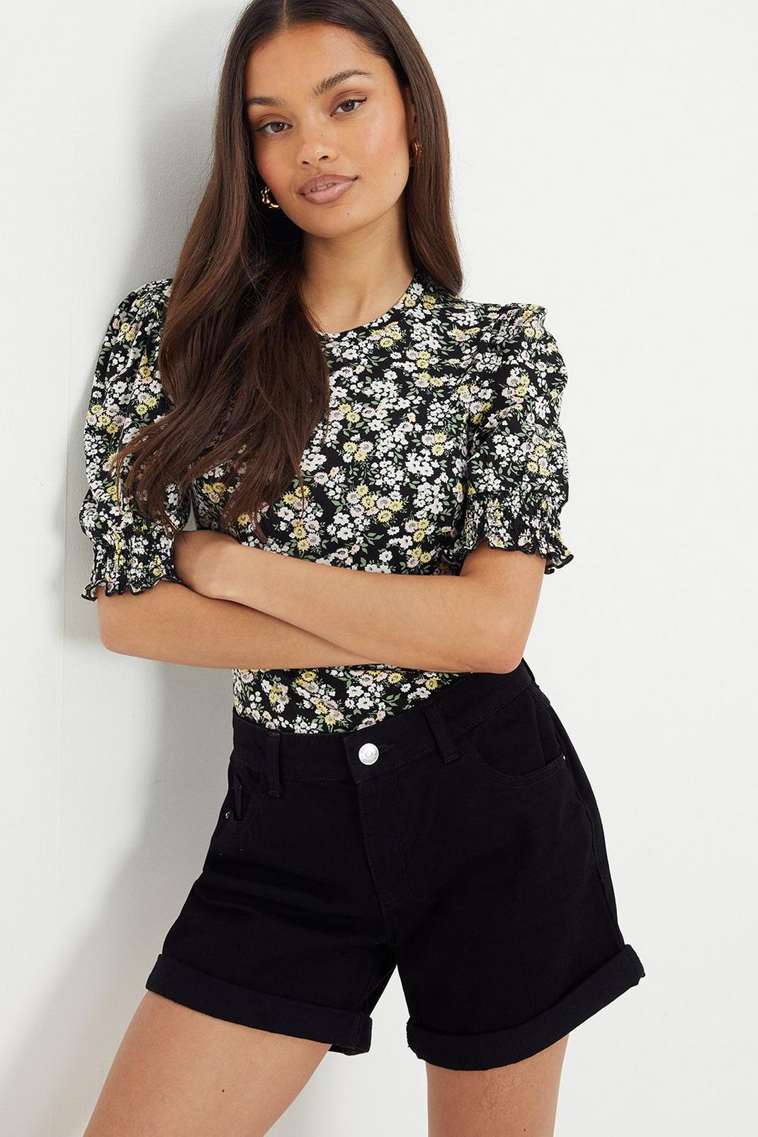 Floral Petite Shirred Cuff Top image number 1
