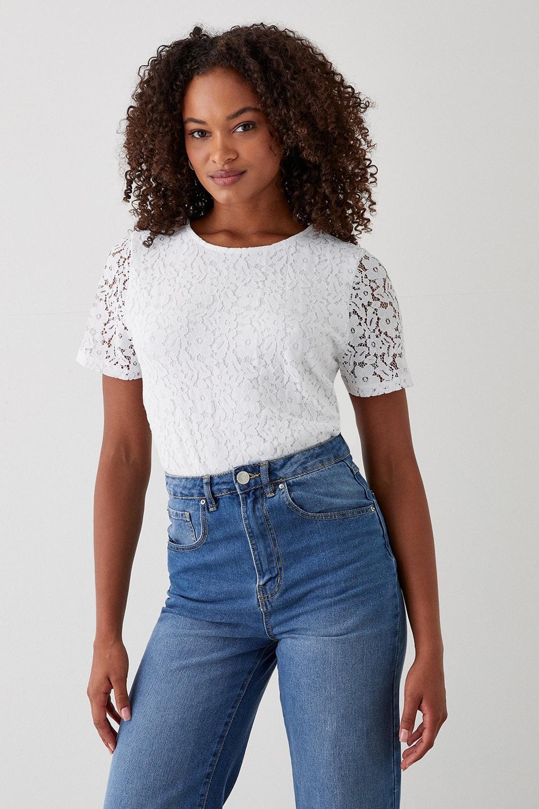 White Tall Lace Front Short Sleeve Top image number 1