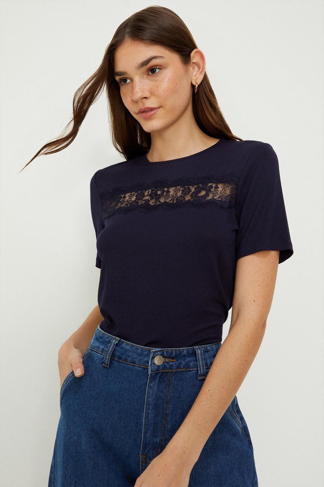 Navy Lace Insert T-Shirt image number 1