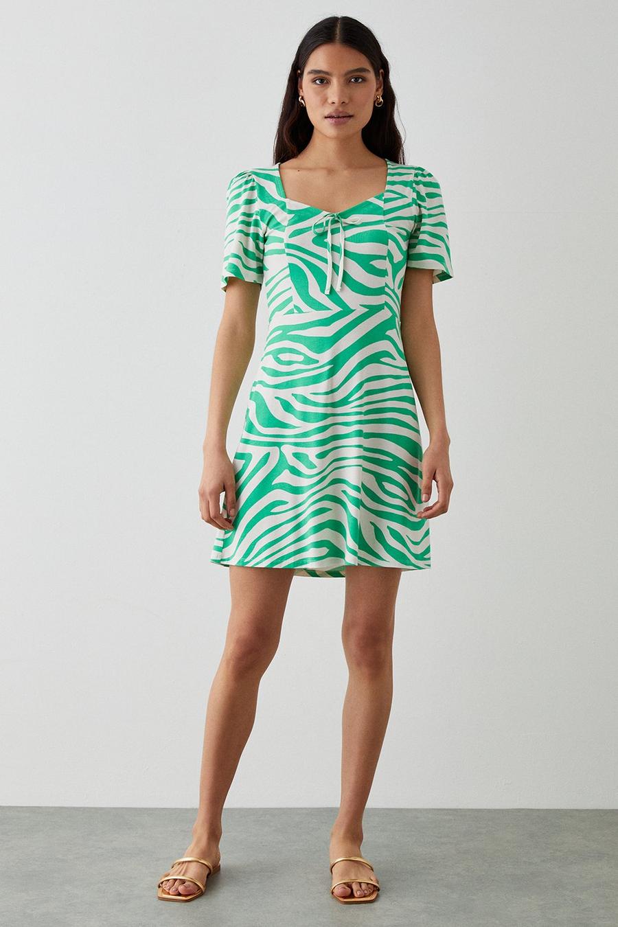 Green Zebra Tie Front Mini Dress