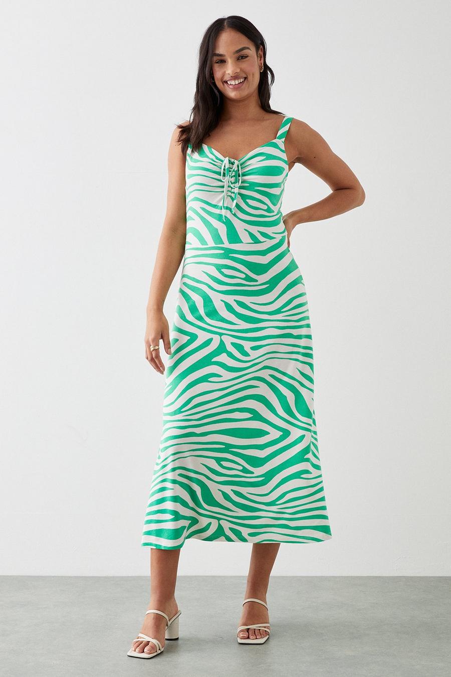 Green Zebra Tie Front Midi Dress