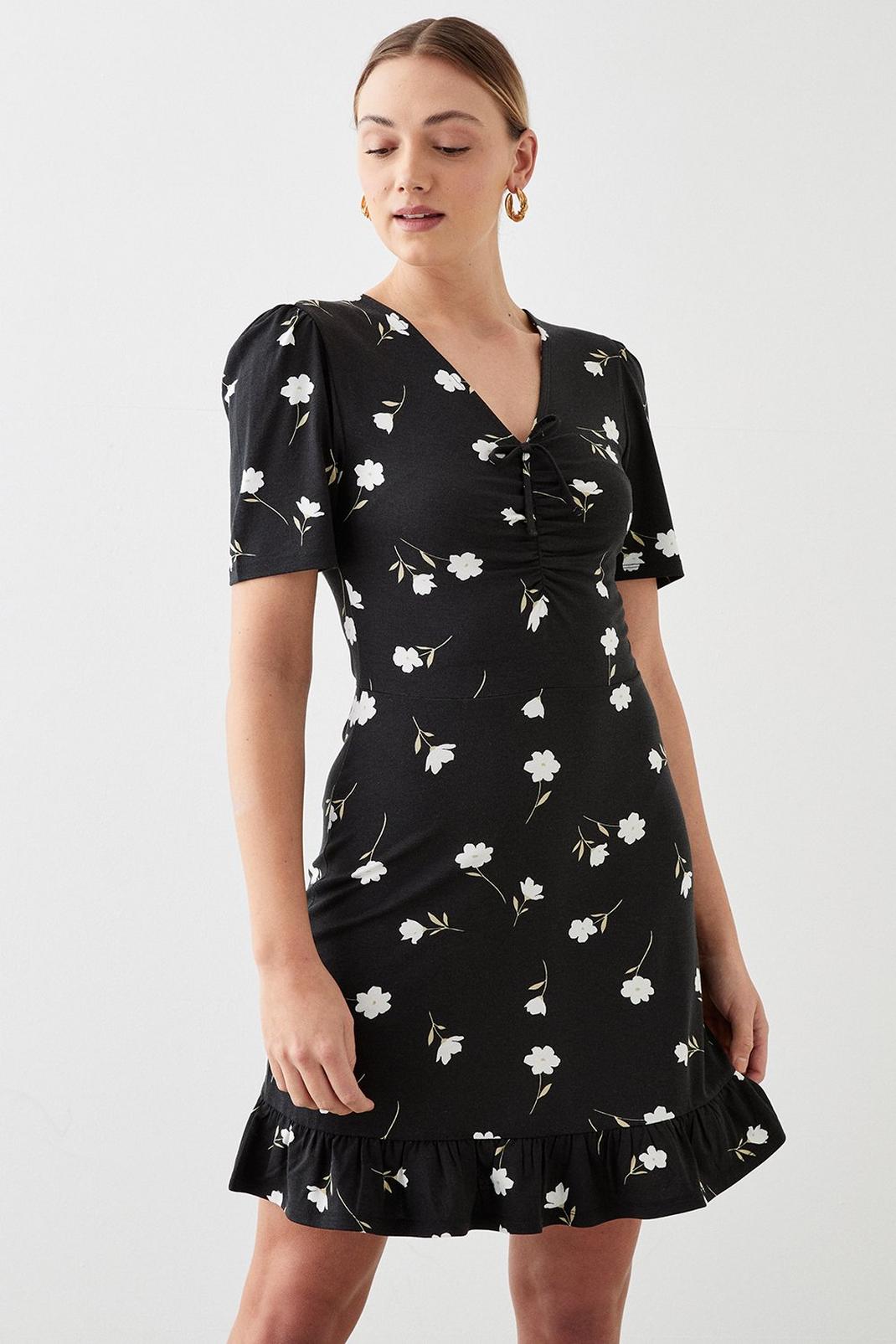Black Tall Floral Ruched Front Frill Hem Mini Dress image number 1