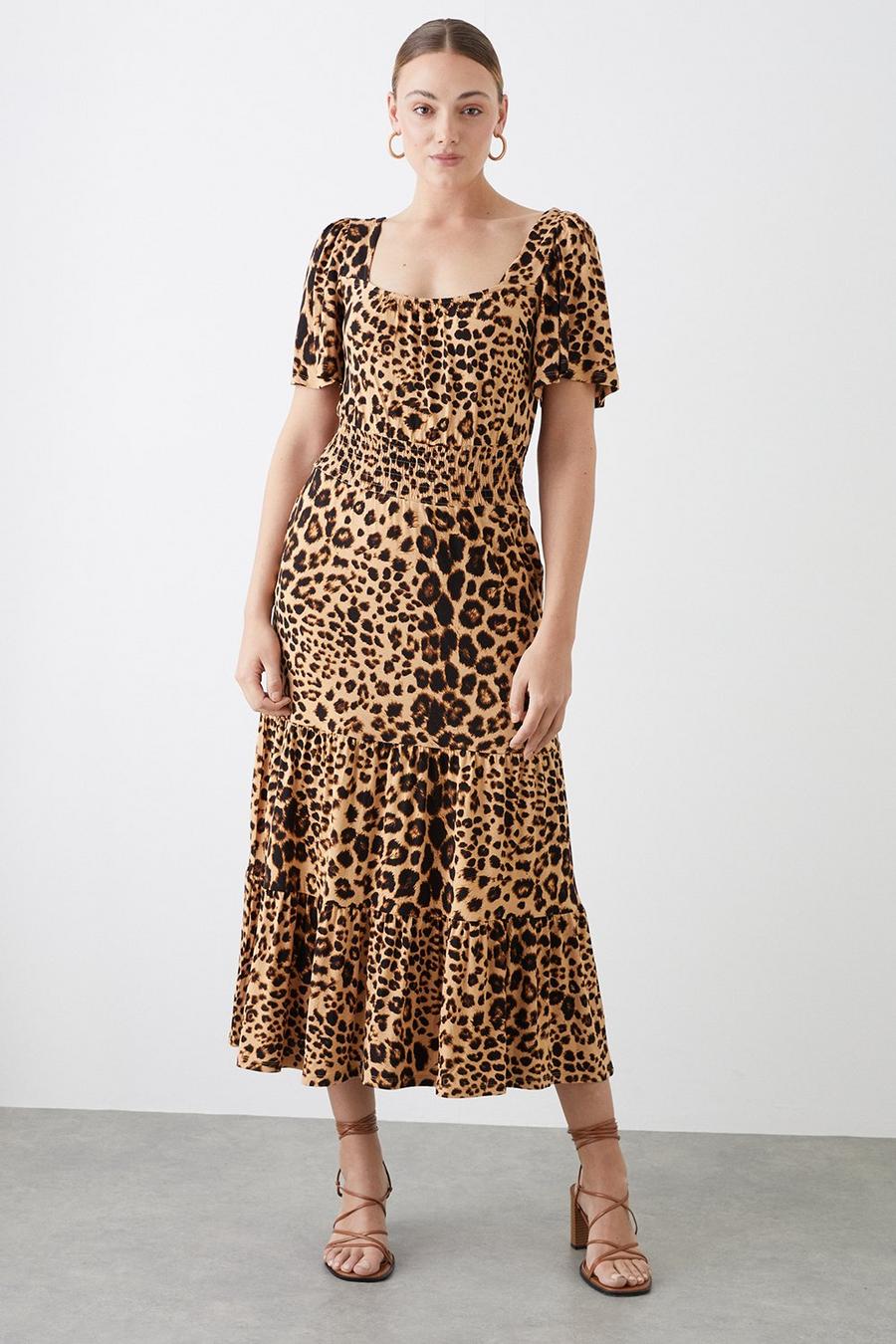 Tall Leopard Shirred Waist Tiered Angel Sleeve Midi Dress