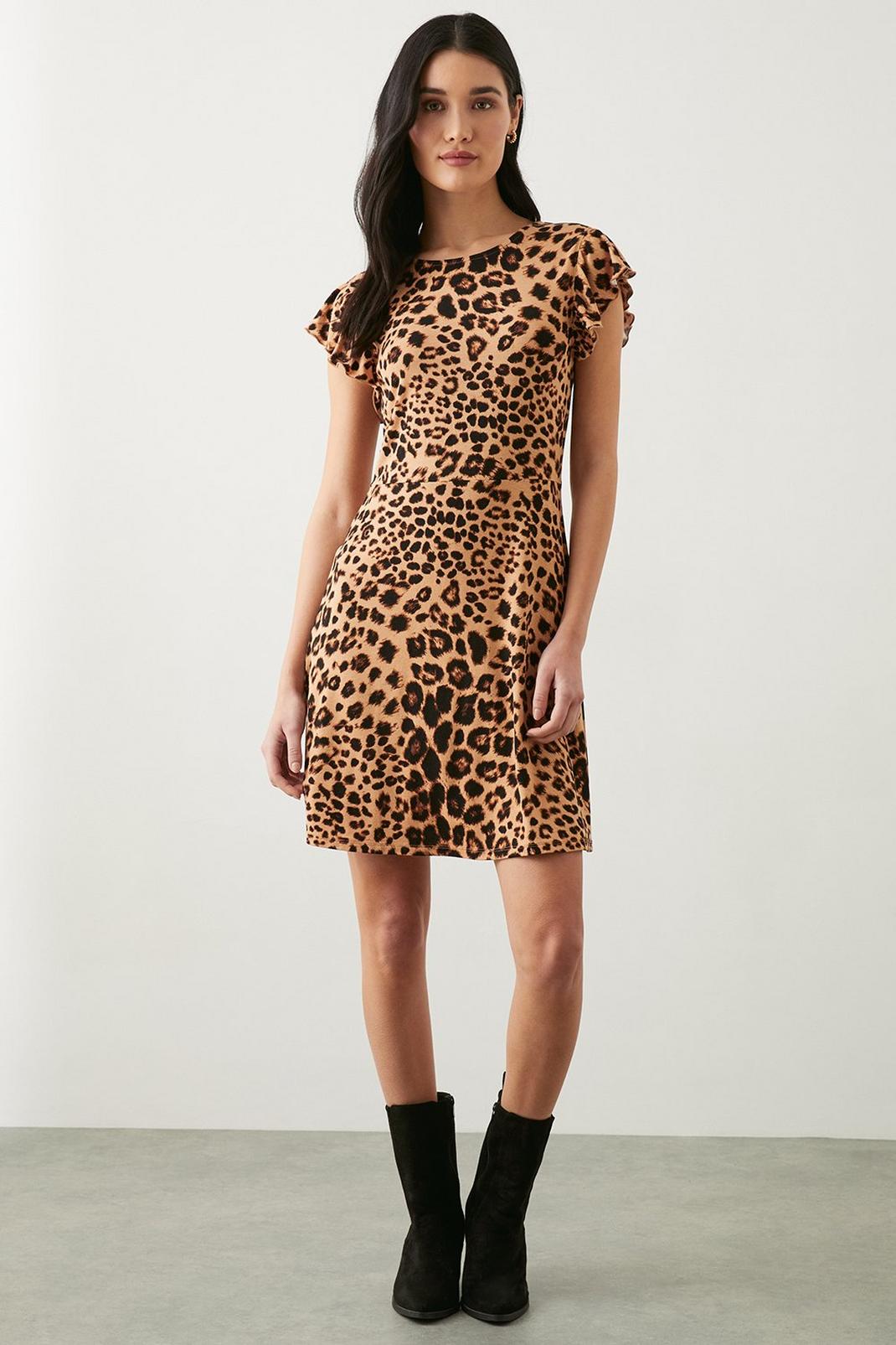 Animal Leopard Printed Ruffle Shoulder Mini Dress image number 1