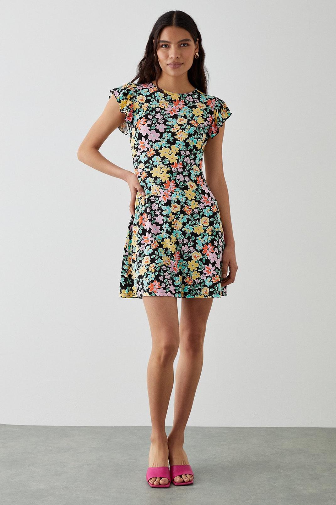 Multi Floral Ruffle Shoulder Mini Dress image number 1