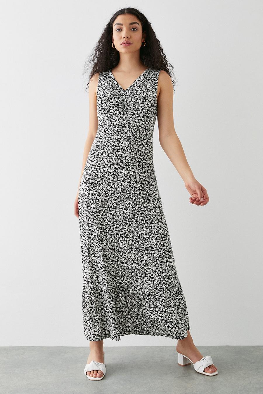 Mono Ditsy Floral Ruched Front Maxi Dress