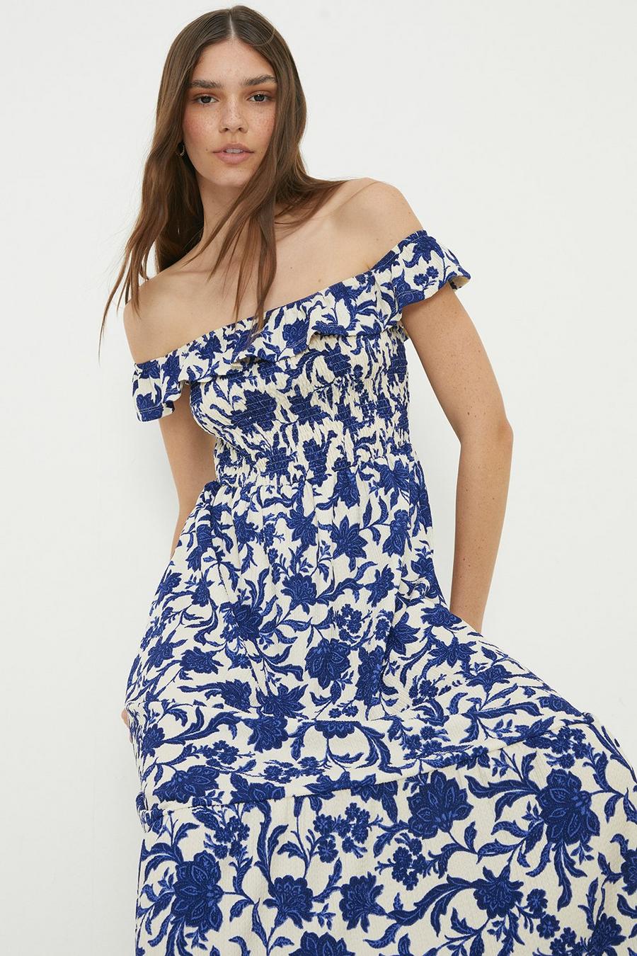 Blue Floral Shirred Bardot Midi Dress