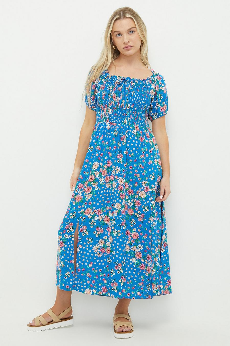 Petite Blue Ditsy Shirred Bodice Midi Dress