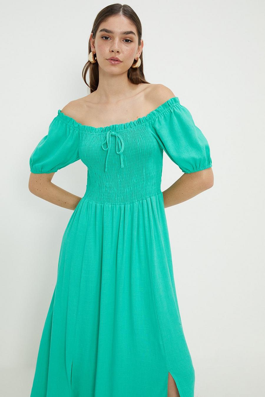 Green Shirred Bodice Midi Dress