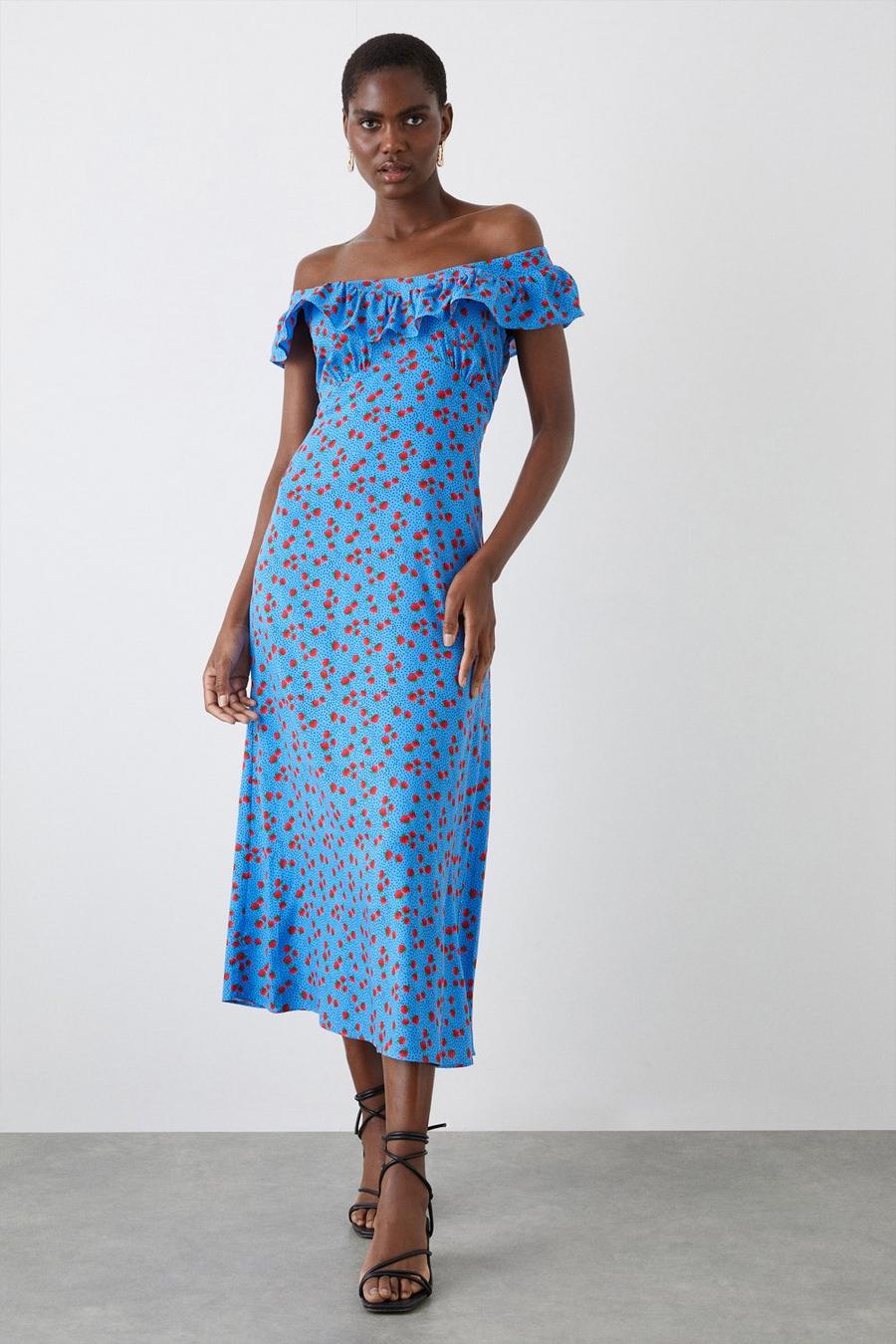 Blue Strawberry Ruffle Bardot Midi Dress