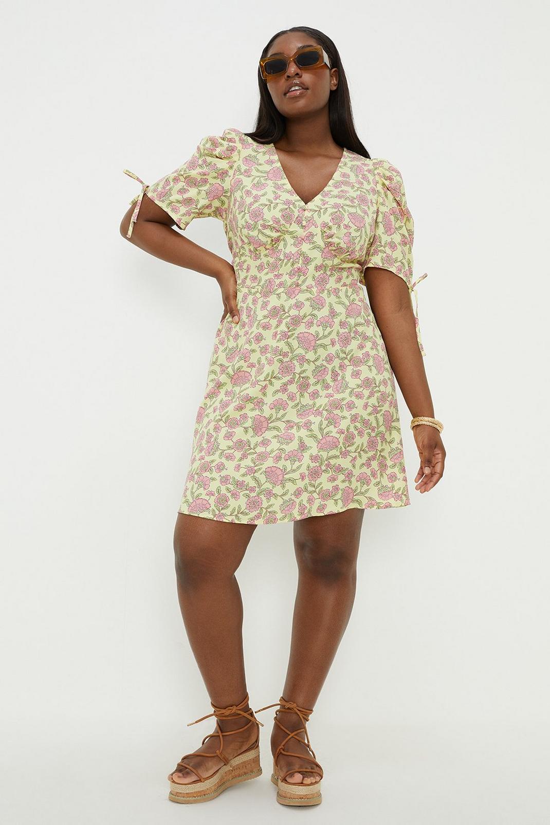 Yellow Curve Floral Button Front Tie Sleeve Mini Dress image number 1