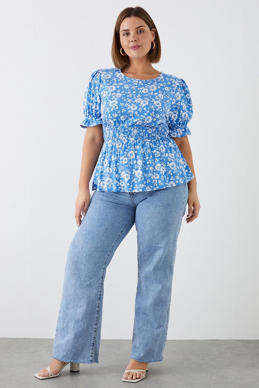 Curve Blue Floral Shirred Waist Puff Sleeve Top