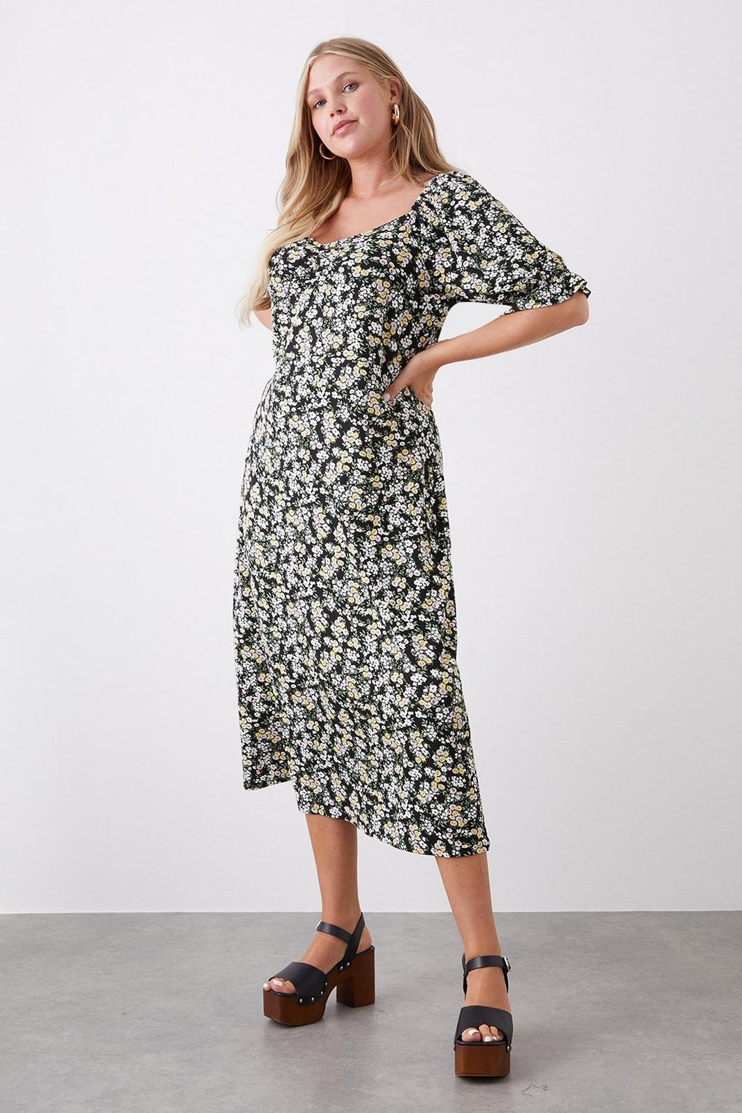 Curve Multi Ditsy Ruched Front Short Sleeve Midi Dress image number 1