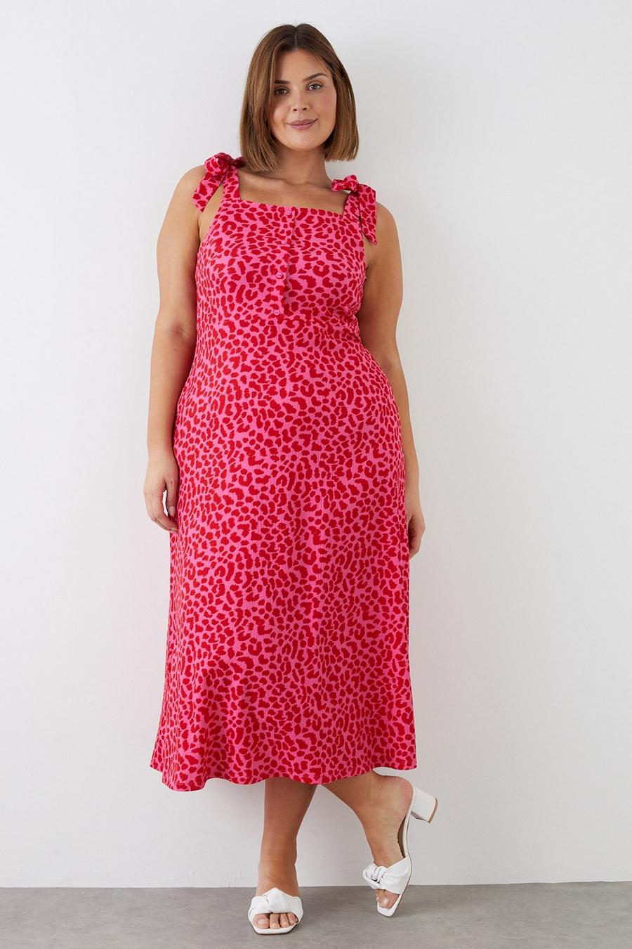 Curve Pink Animal Textured Button Up Strappy Midi Dress