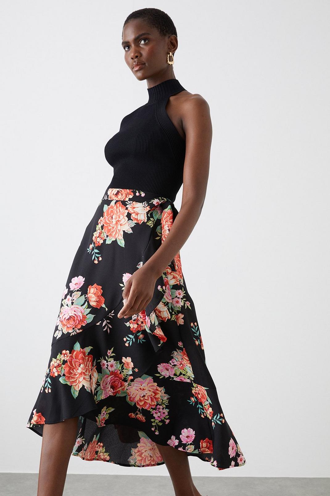 Black Floral Frill Wrap Midi Skirt image number 1