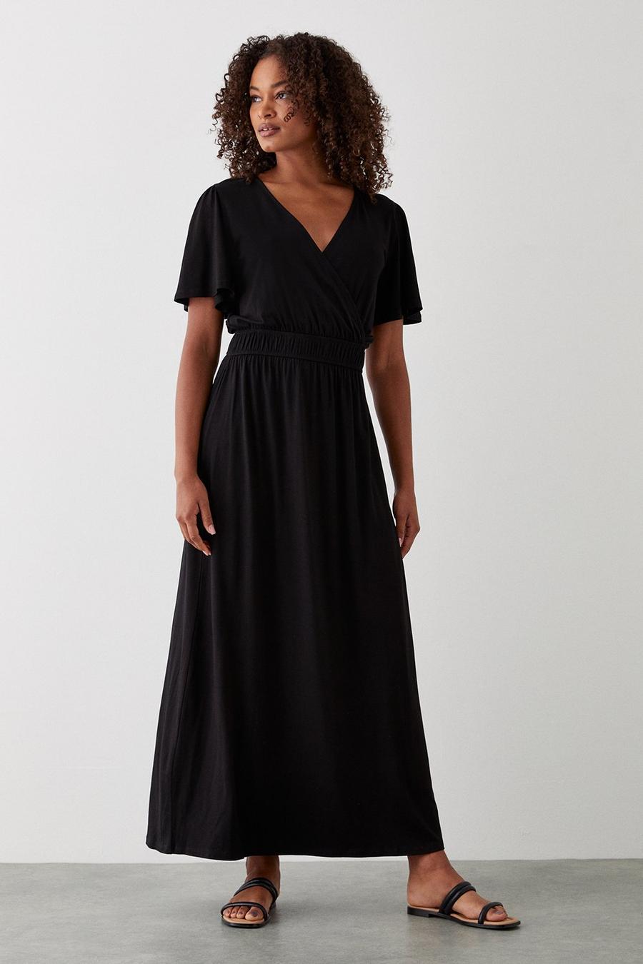 Tall Black Flutter Sleeve Maxi Dress