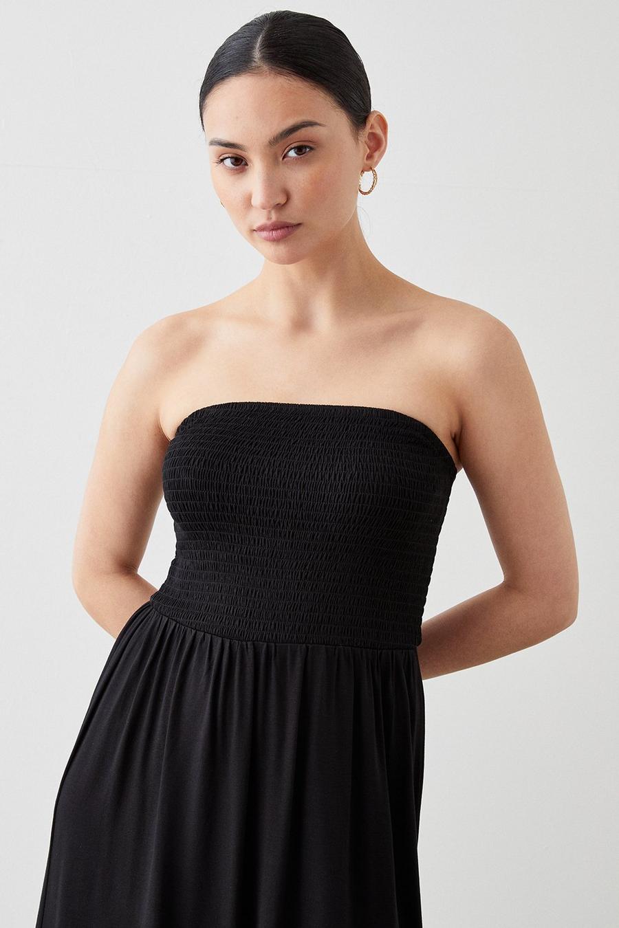 Petite Black Shirred Bodice Bandeau Midi Dress