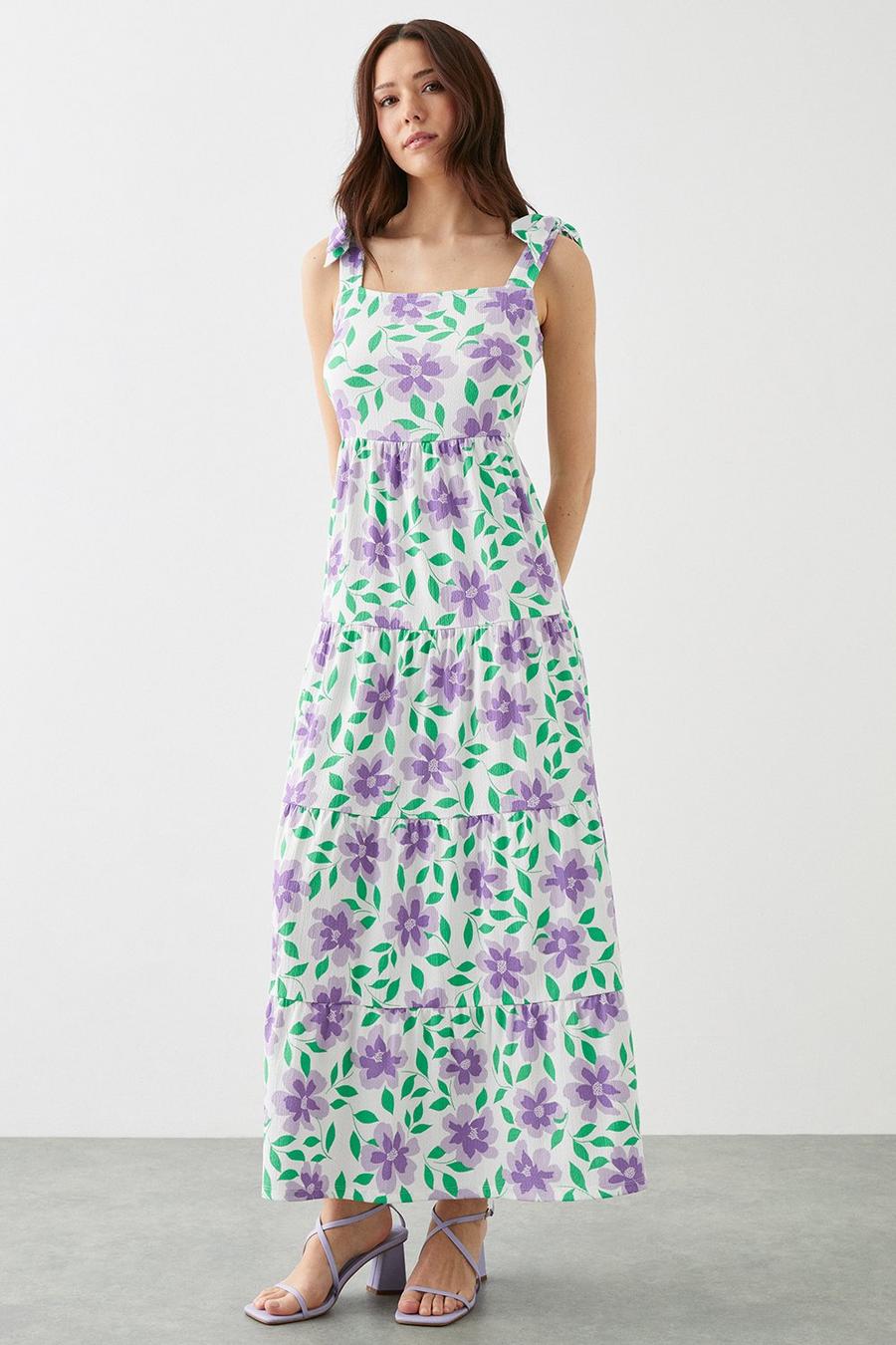 Large Lilac Floral Tiered Tie Shoulder Maxi Dress