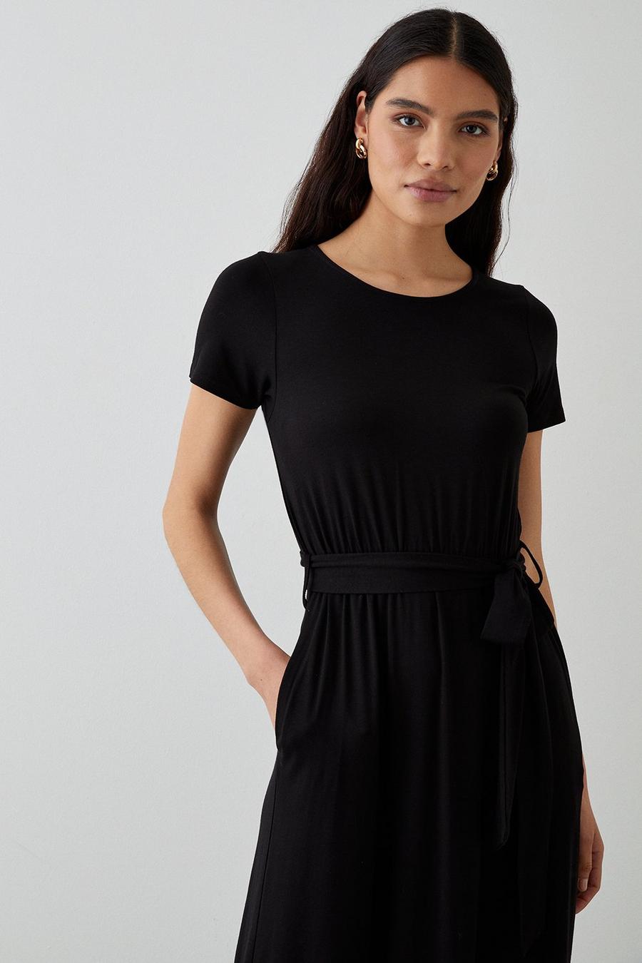 Black Belted Midi T-shirt Dress