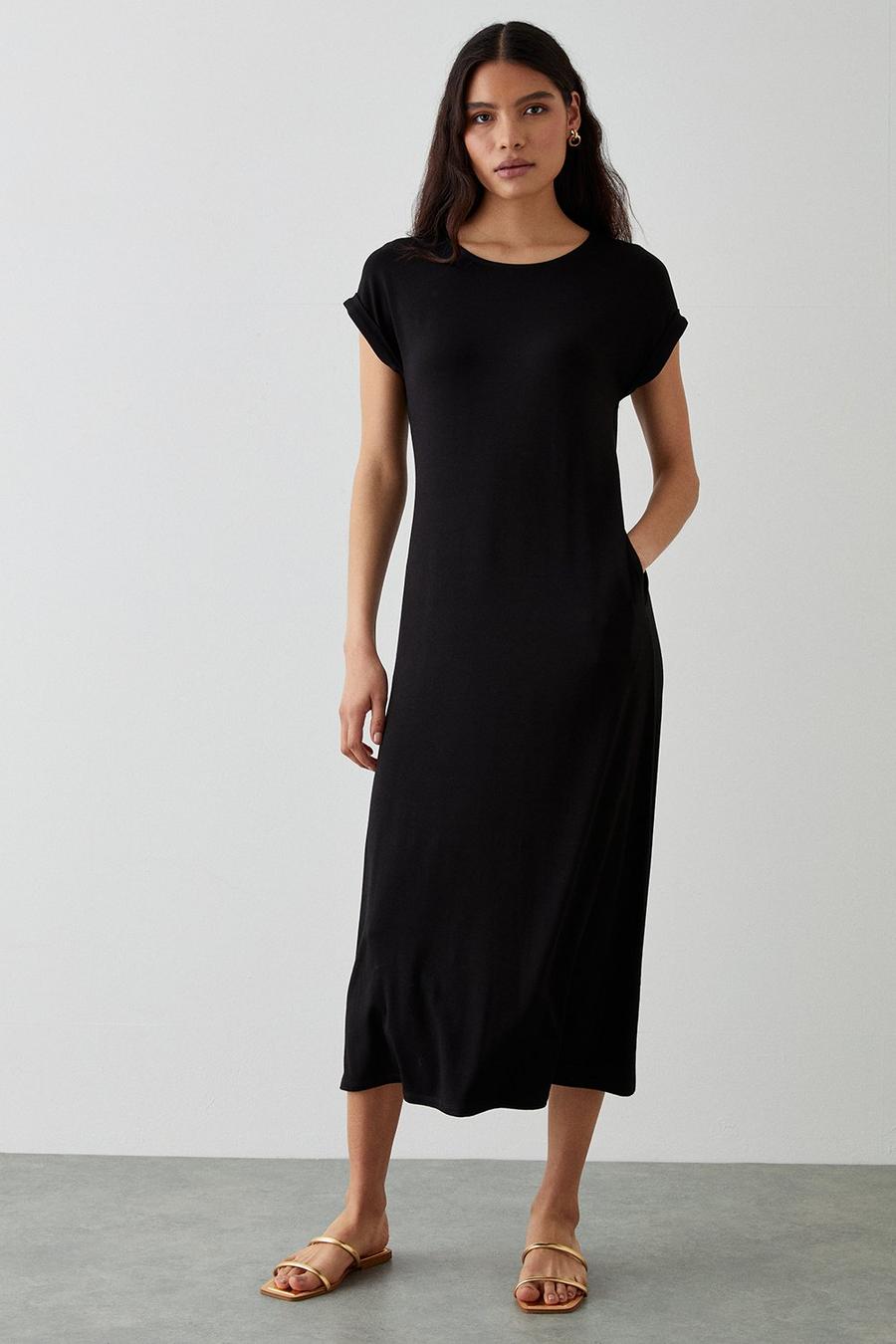 Black Column Midi Dress With Pockets
