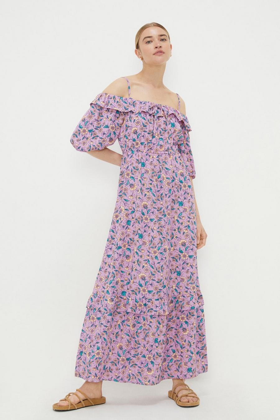 Purple Floral Ruffle Bardot Midi Dress
