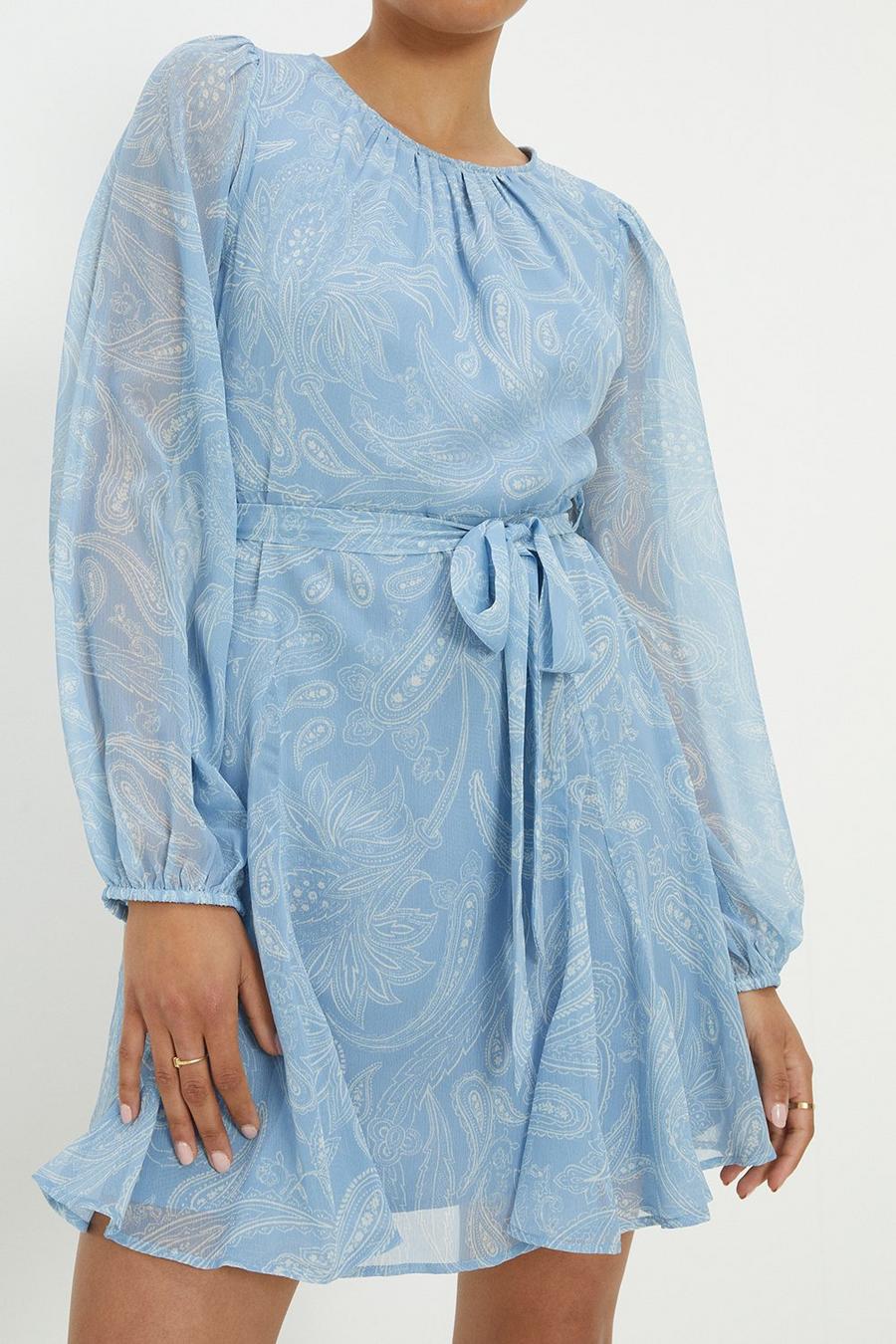 Blue Paisley Chiffon Full Hem Mini Dress