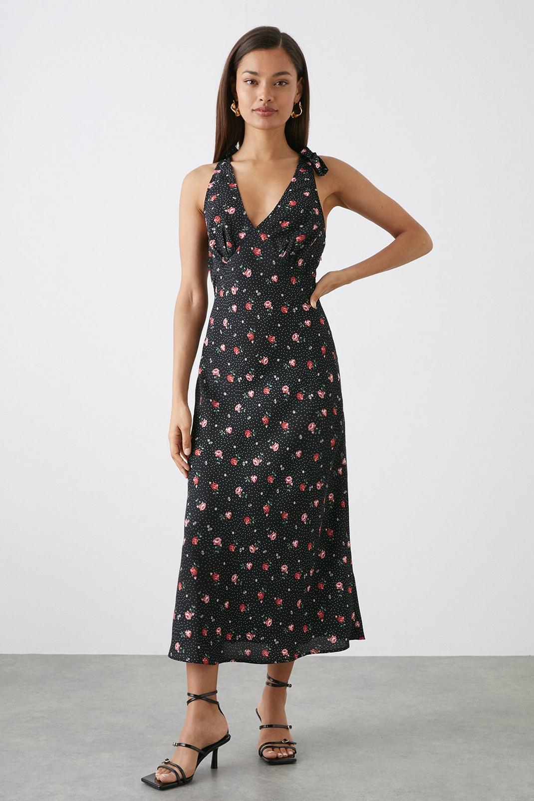 Petite Black Floral Print Bias Cut Tie Shoulder Midi Dress image number 1