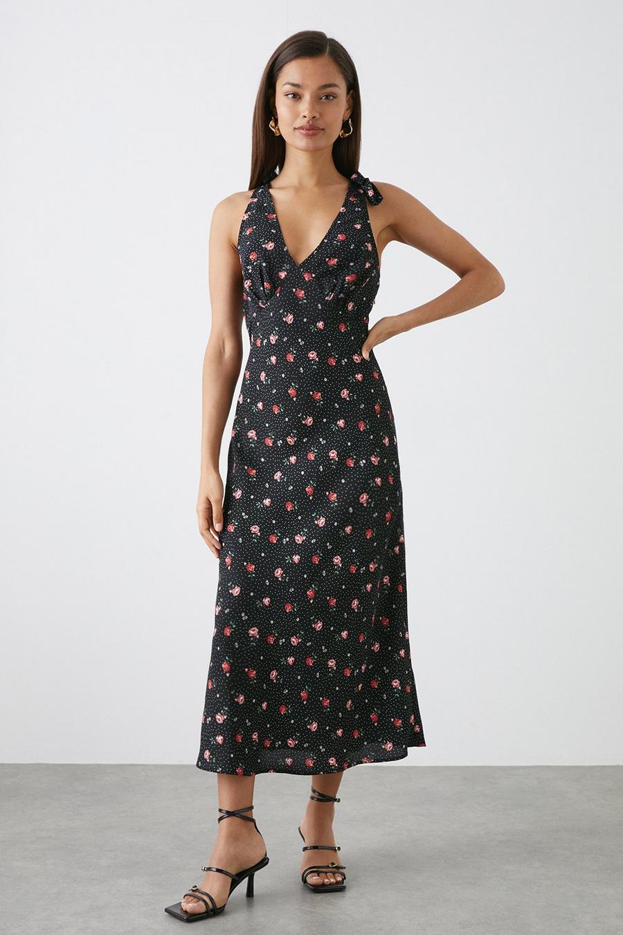 Petite Black Floral Print Bias Cut Tie Shoulder Midi Dress