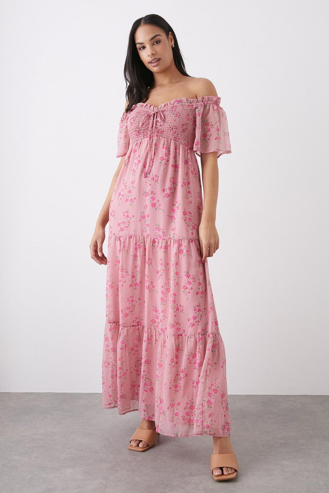 Pink Floral Print Shirred Tiered Chiffon Bardot Maxi Dress image number 1