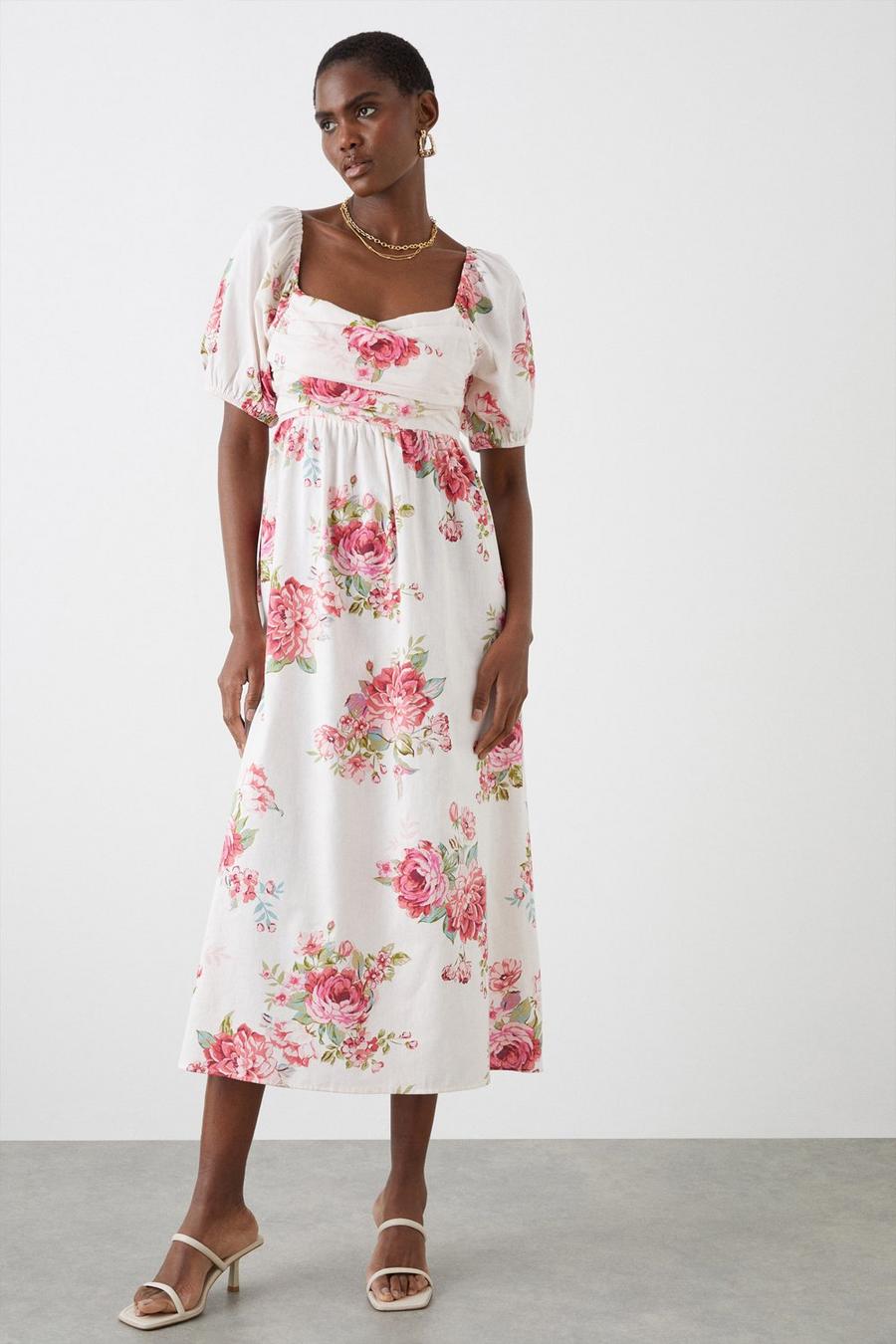 Large Floral Cross Over Detail Midi Dress