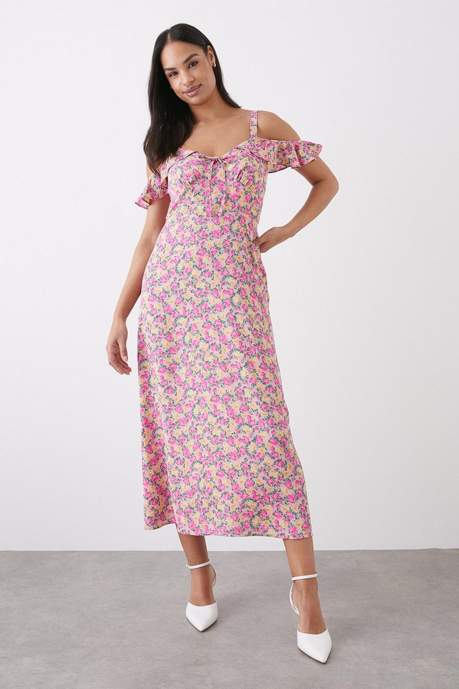 Pink Floral Print Cold Shoudler Midi Dress