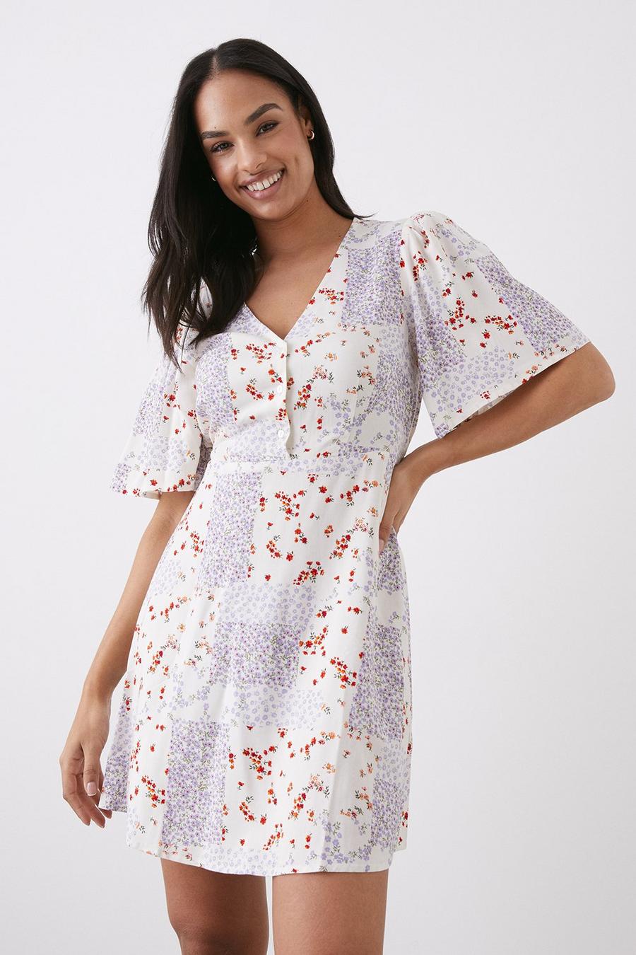 Ivory Ditsy Print Flutter Sleeve Button Front Mini Dress
