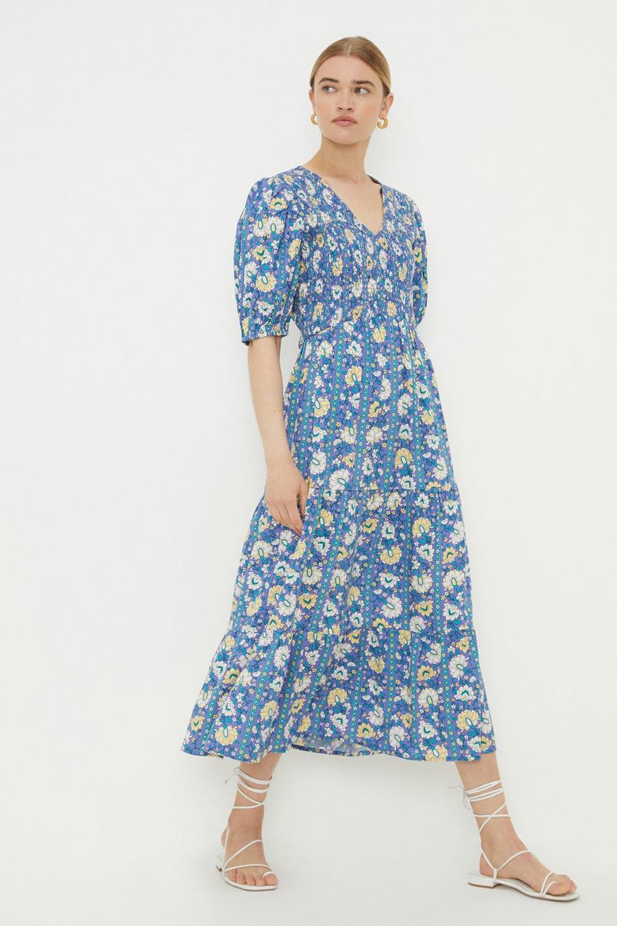 Blue Printed Shirred Bodice Tiered Midi Dress