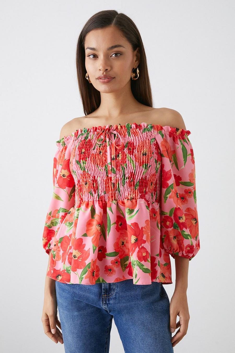 Petite Pink Floral Shirred Blouse