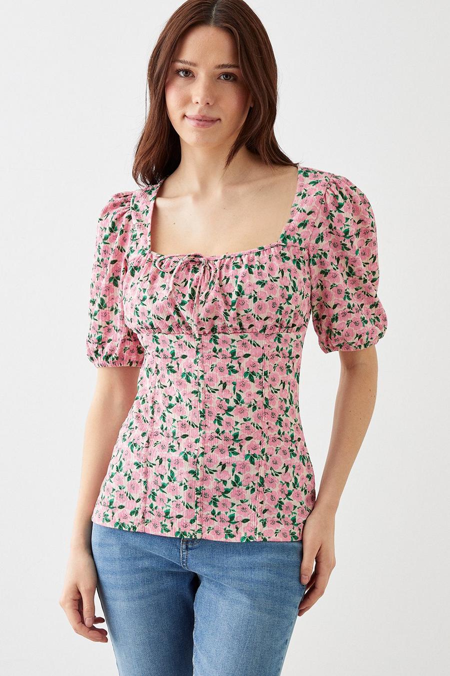 Floral Puff Sleeve Square Neck Top