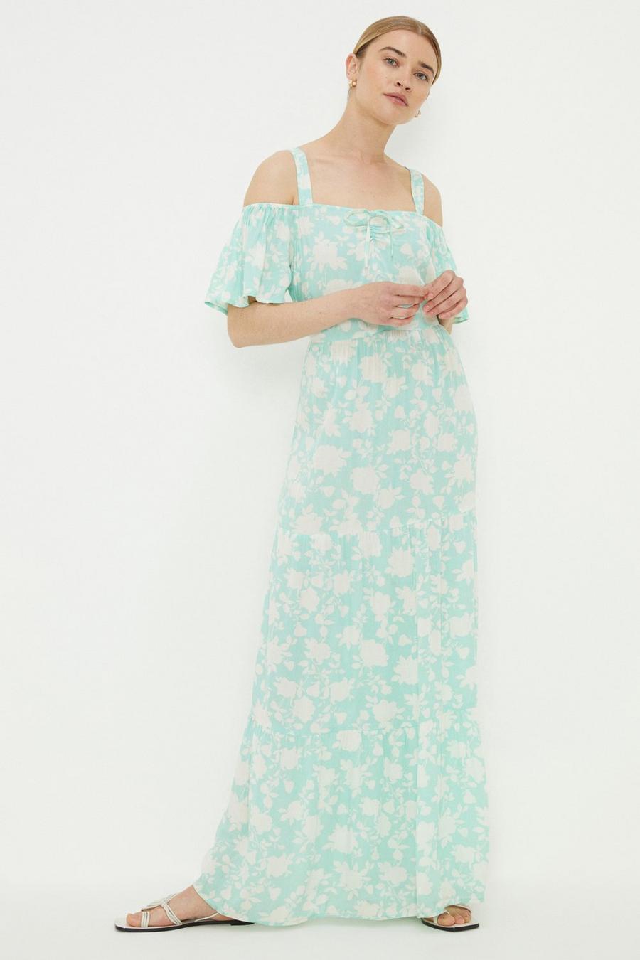 Aqua Floral Print Cold Shoulder Midi Dress