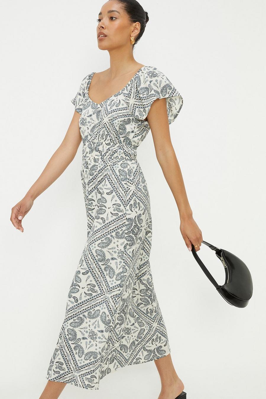 Ivory Scarf Print Flutter Sleeve Midi Dress