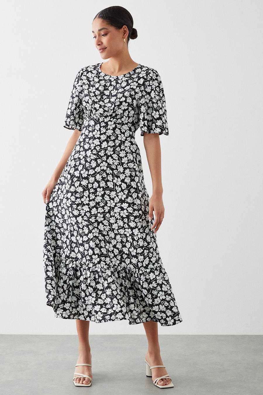 Mono Floral Print Flutter Sleeve Midi Dress