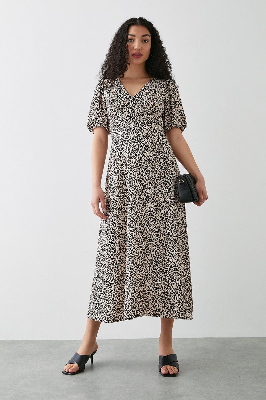 Leopard Print Empire Puff Sleeve Midi Dress