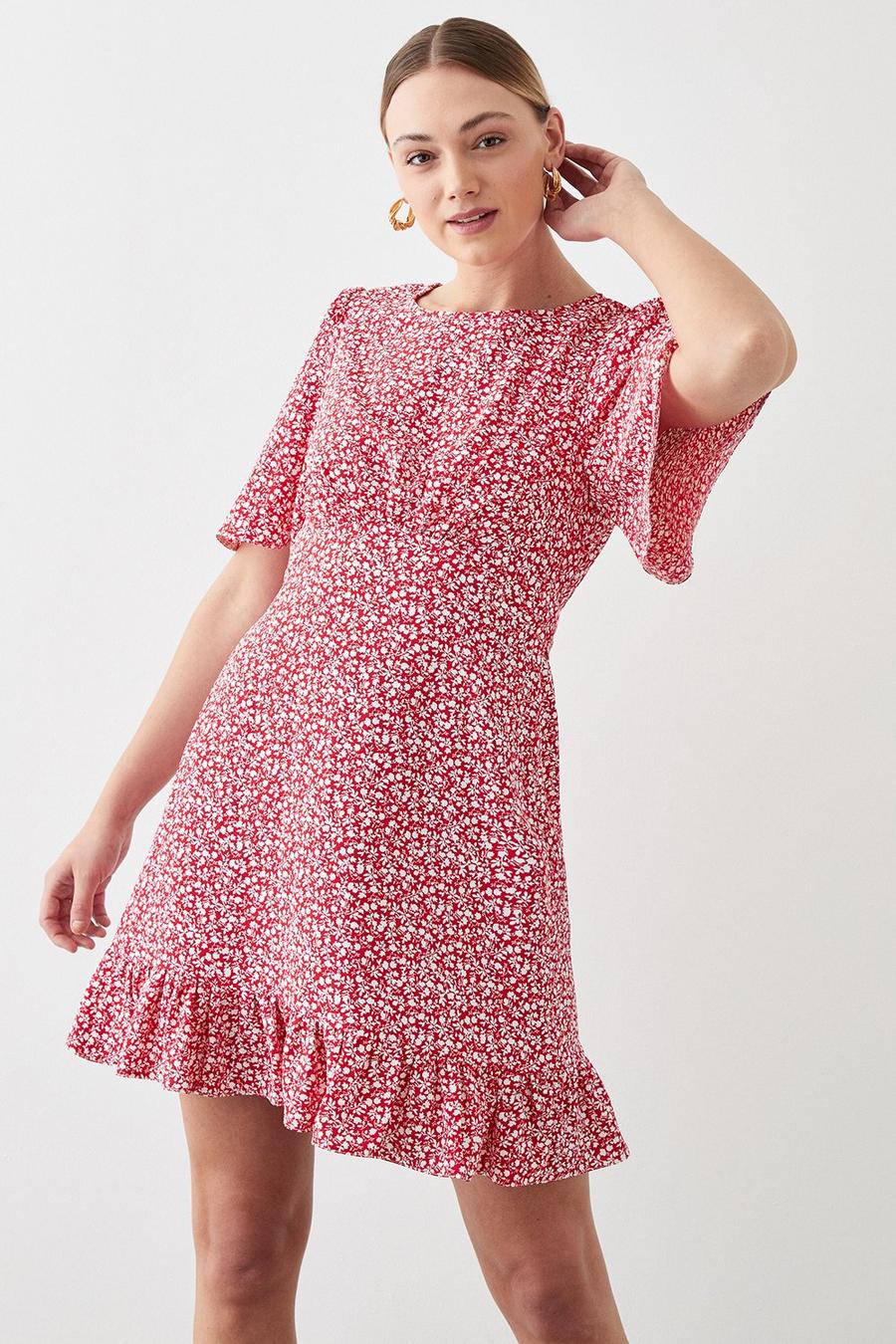 Red Ditsy Print Flutter Sleeve Mini Dress
