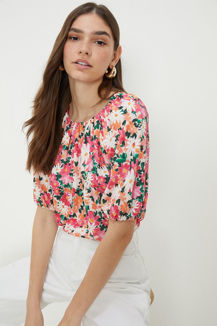 Painted Floral Puff Sleeve Blouse