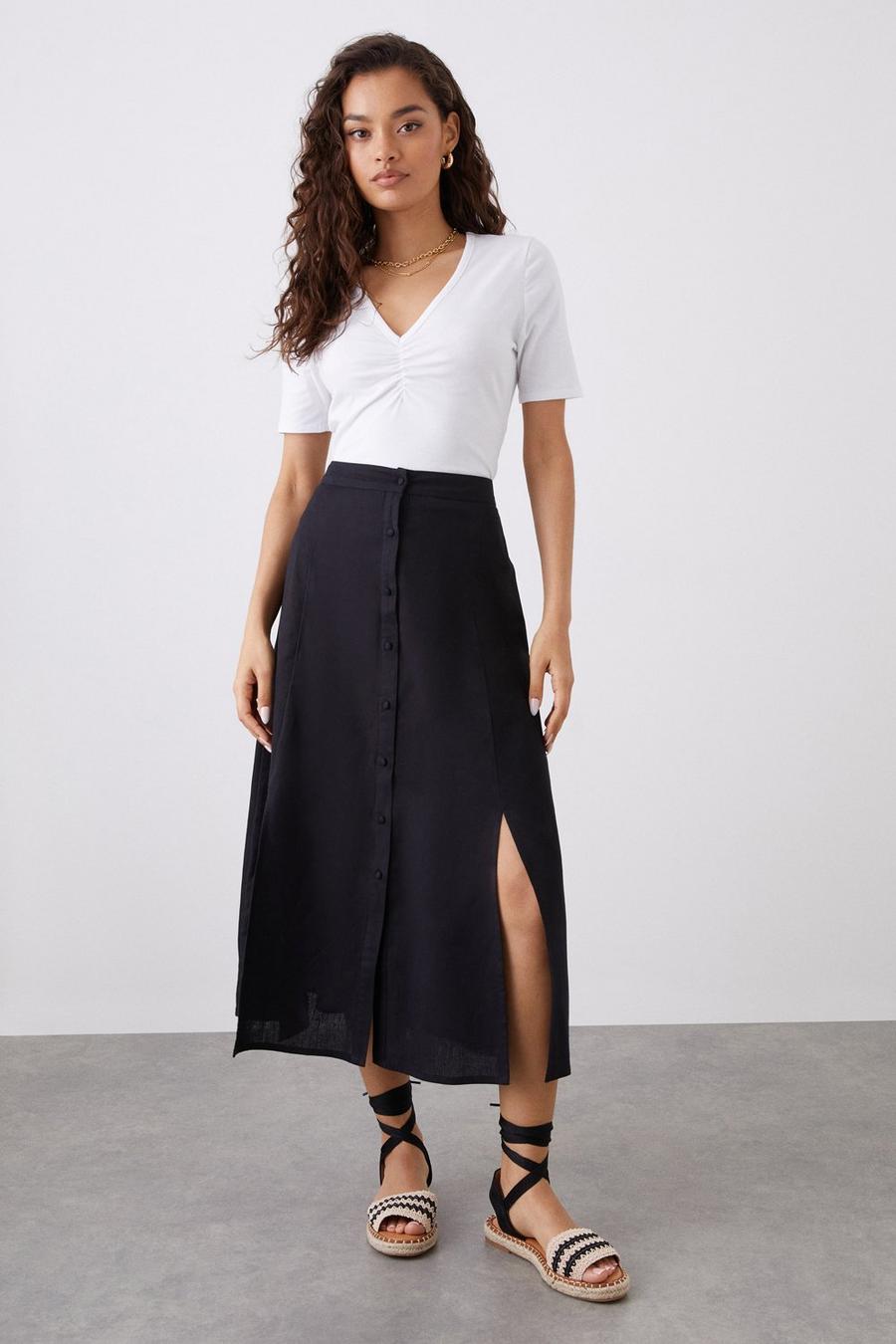 Petite Black Button Through Midi Skirt