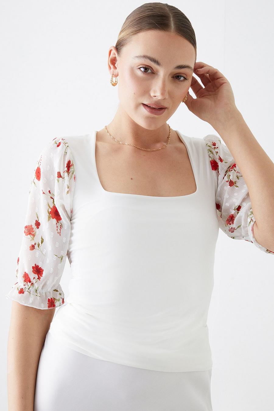 Tall Floral Embroidered Sleeve Top