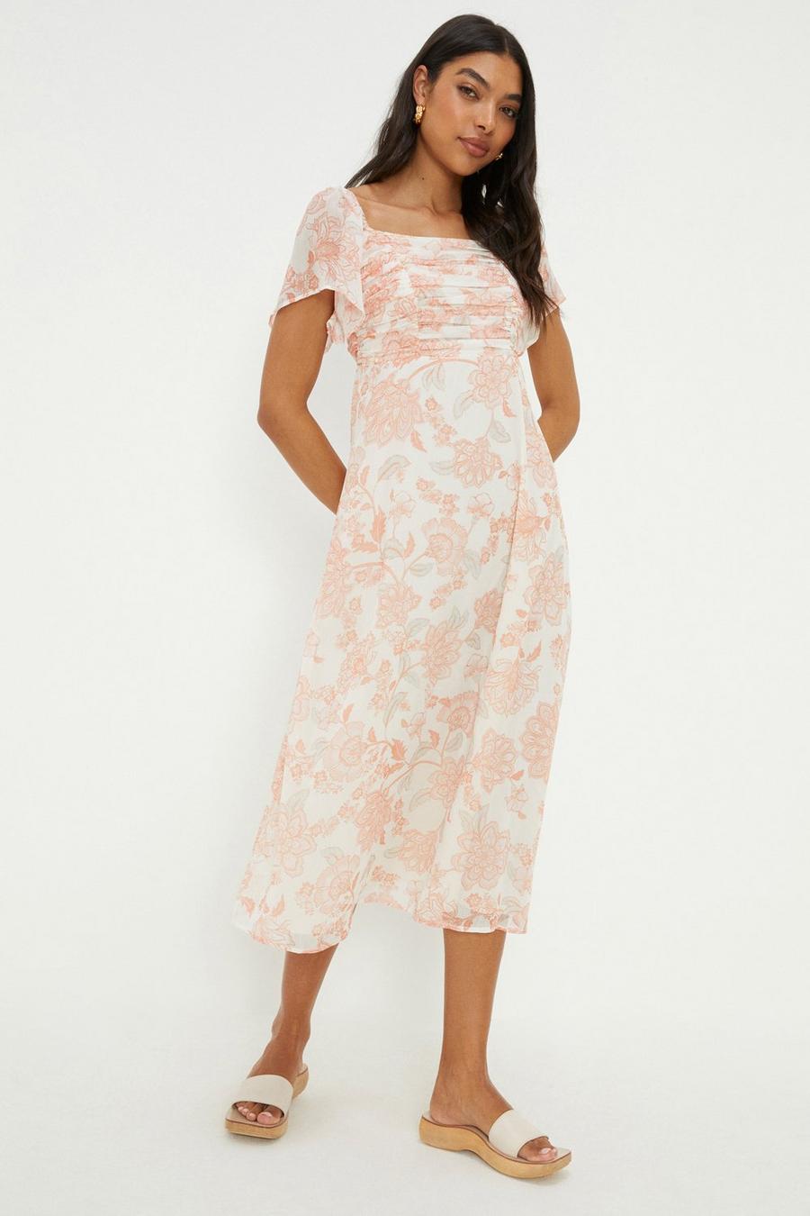 Ivory Floral Ruched Front Bardot Midi Dress