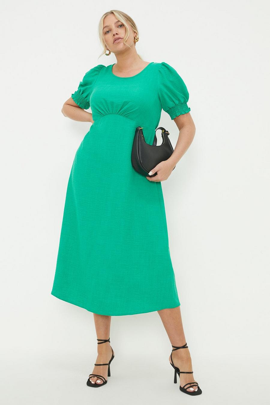 Curve Green Shirred Cuff Midi Dress